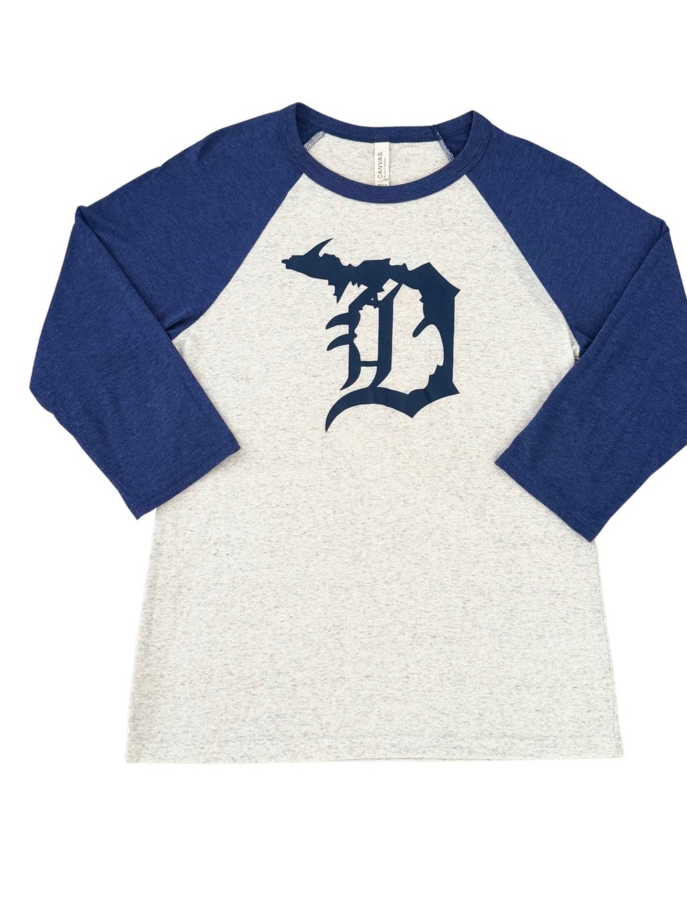 Bella Canvas Navy and Heather Gray Raglan Baseball Tee with Detroit D